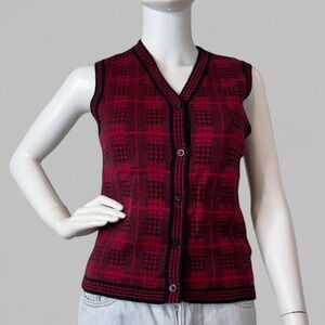 Vintage Anne Klein II Wool Sweater Vest M Red Black Plaid Button Front USA